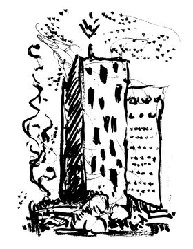 Black and white town buildings. City landscape. Ink illustration from sketchbook. Graphic original interesting art. Can be used for background. 