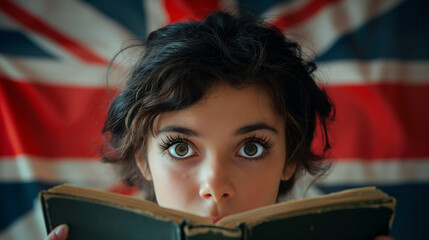 Beautiful woman with big eyes on the background of the British flag with old book - obrazy, fototapety, plakaty