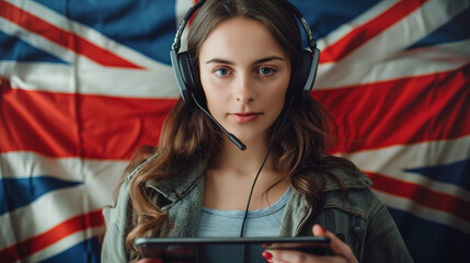 Beautiful woman with headset on the background of the British flag with a gray tablet