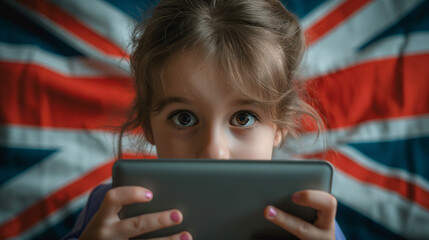 Girl's face on the background of the British flag with a gray tablet - obrazy, fototapety, plakaty