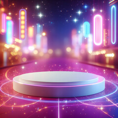 Photoreal 3D with Sleek White Podium with a blurred or bokeh background of Neon Backdrop 