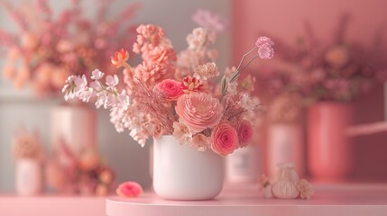 A white vase with pink flowers sits on a pink table