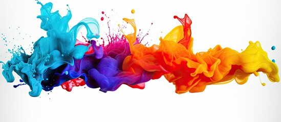 A colorful array of magenta, electric blue, and other ink splashes resembling a rainbow petal, on a white background, creating a vibrant art event