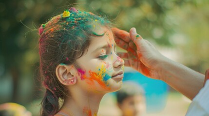 Colorful Fun - Painting a Young Girl's Face with Vibrant Paint. Fictional character created by Generated AI. 