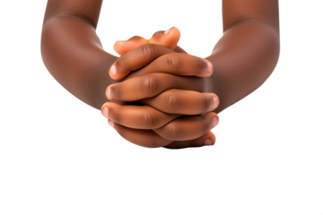 Praying hands of a cute black toddler Transparent background PNG. Clasped hands in prayer. Religious concepts such as thanking god, salvation, holy spirit, deliverance, faith and deliverance from evil