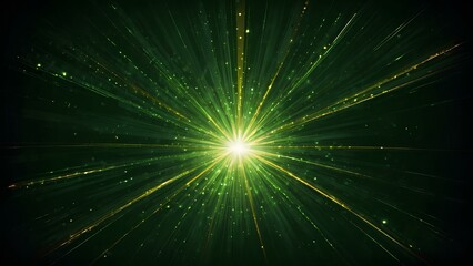 Fototapeta na wymiar Asymmetric green light burst abstract beautiful rays of lights on dark green background 