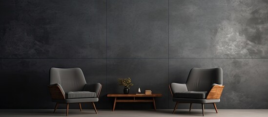 A modern living room in a blackwalled building, featuring two chairs and a table on hardwood flooring. Large window allowing natural light to brighten the space - obrazy, fototapety, plakaty