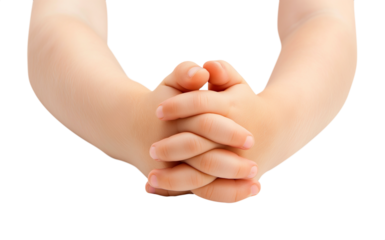 Praying hands of a cute baby child. Transparent background PNG. Clasped hands in prayer. Religious concepts such as thanking god, salvation, holy spirit, deliverance, faith and deliverance from evil