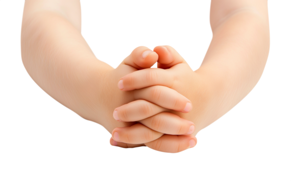 Praying hands of a cute baby child. Transparent background PNG. Clasped hands in prayer. Religious concepts such as thanking god, salvation, holy spirit, deliverance, faith and deliverance from evil