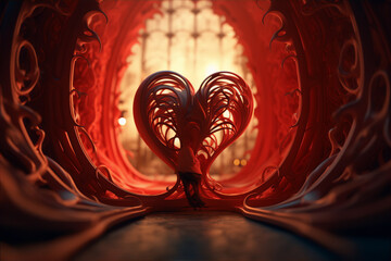 Futuristic organic architecture with a glowing heart-shaped portal in the center. - obrazy, fototapety, plakaty