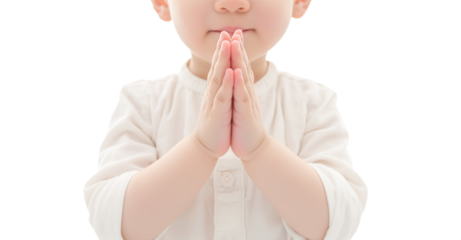 Cute kid with Praying hands pose. Transparent background PNG. Clasped hands in prayer. Religious concepts such as thanking god, salvation, holy spirit, deliverance, faith and deliverance from evil