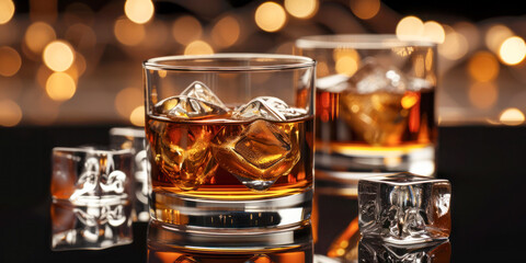 A sophisticated composition featuring two glasses of neat whiskey with ice, set against a backdrop of festive bokeh lights. - obrazy, fototapety, plakaty