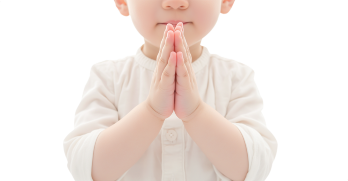 Cute kid with Praying hands pose. Transparent background PNG. Clasped hands in prayer. Religious concepts such as thanking god, salvation, holy spirit, deliverance, faith and deliverance from evil