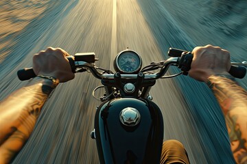 Close-up. Hands of a man driving a motorcycle on a highway background. - obrazy, fototapety, plakaty