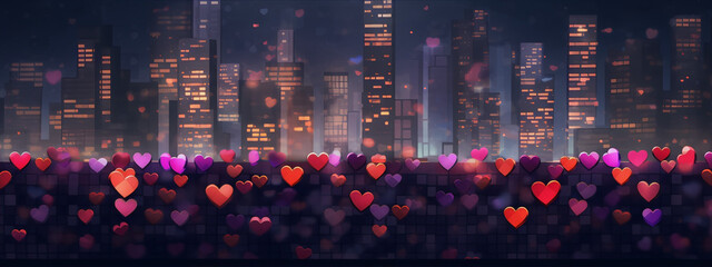 Cityscape with hearts in the foreground in shades of red and pink against a blue night sky. - obrazy, fototapety, plakaty