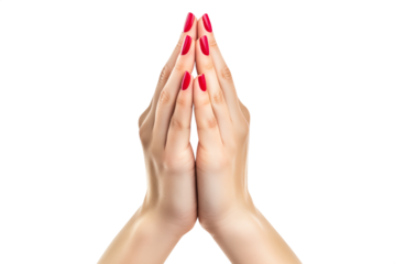 Young woman Praying hands. Transparent background PNG. Clasped hands in prayer. Religious concepts such as thanking god, salvation, holy spirit, deliverance, faith and deliverance from evil