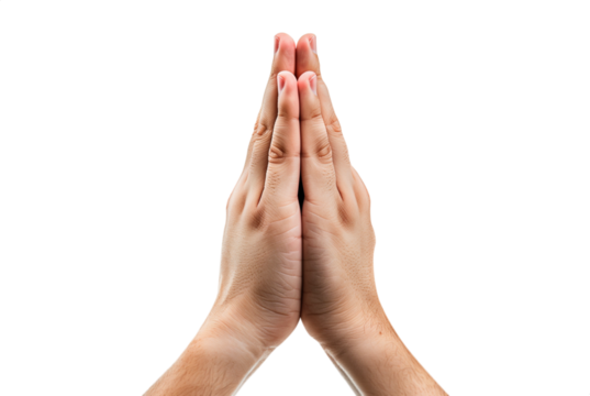 Young man Praying hands. Transparent background PNG. Clasped hands in prayer. Religious concepts such as thanking god, salvation, holy spirit, deliverance, faith and deliverance from evil