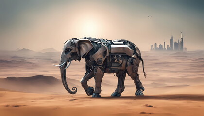 elephant Animal robot walking through desert. A futuristic landscape with a silhouetted city on the horizon