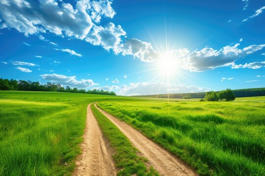 landscape with road and field. A rural road through a green meadow, blue sky and shining sun. Background.