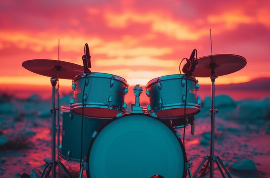 A drum kit against an intense sunset, evoking passion, performance, and a fierce love for music