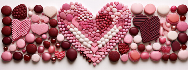 Pink and red 3D hearts and candy on white background, sweet love theme