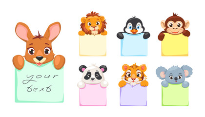 Set of cute cartoon sticker wild animals with blank banners for notes. Lion, penguin, monkey, panda, tiger, kangaroo, koala.