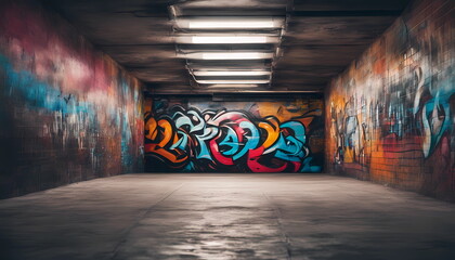 Empty underground parking with graffiti wall abstract background. Idea for artistic pop art background - obrazy, fototapety, plakaty