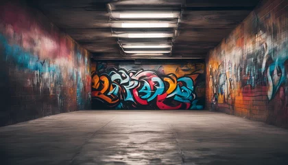 Foto op Plexiglas Empty underground parking with graffiti wall abstract background. Idea for artistic pop art background © gangiskhan