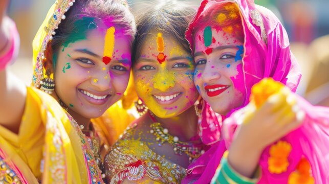 Three Women Smiling and Having Fun at a Color Festival. Fictional character created by Generated AI. 