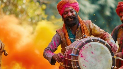 Drummer wearing a turban, playing a colorful drum set with enthusiasm. Fictional character created by Generated AI. 