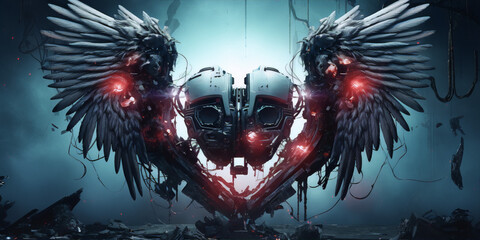 A dark, glowing, robotic heart with angel wings made of metal and feathers. - obrazy, fototapety, plakaty