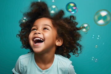 A playful kid model enjoying a carefree moment, against a solid wall of mint background, blowing bubbles and laughing with pure joy and innocence. - obrazy, fototapety, plakaty