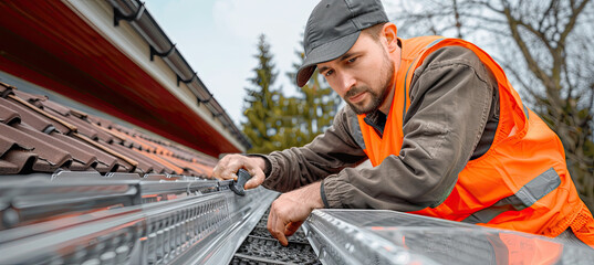 Contractor Adjusting Plastic Gutter Guards on house roof