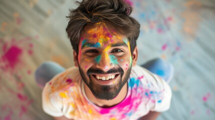 Colorful and Happy - A Young Man with Paint Splatters on His Face. Fictional character created by Generated AI. 