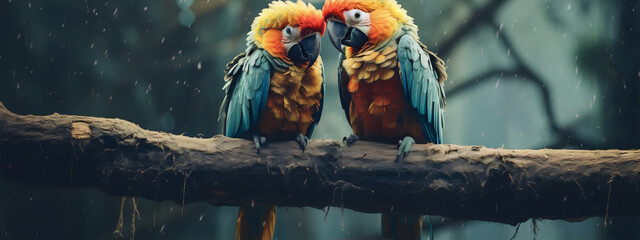 Two parrots with blue, green and orange feathers sitting on a branch in the rain. - obrazy, fototapety, plakaty