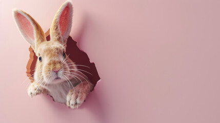 Adorable Easter bunny peeking from a hole against a pink background - obrazy, fototapety, plakaty