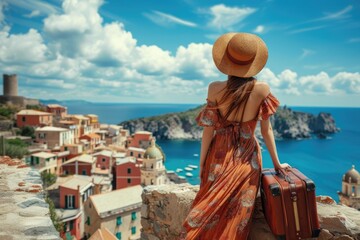A young girl with a hat and a suitcase on a hill against the background of the sea and houses. Rear view. Concept: travel, vacation, relocation,