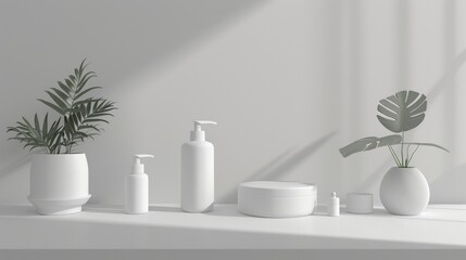 cosmetic product display podium with tropical plant in white room. Clear plastic container for cream, gel, lotion, lotion, shampoo, shower gel, foundation, cream or lotion