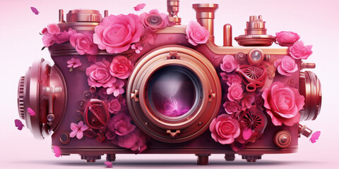 Pink steampunk camera decorated with roses and butterflies on a pink background.
