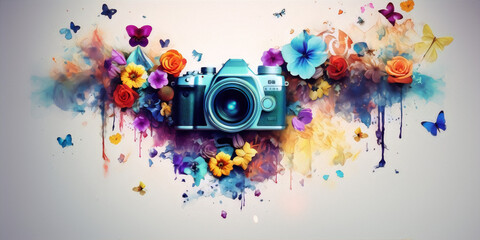 A blue retro camera with a colorful floral and butterfly watercolor background. - obrazy, fototapety, plakaty