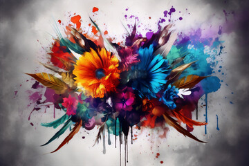 Colorful watercolor painting of flowers and feathers with a white background.
