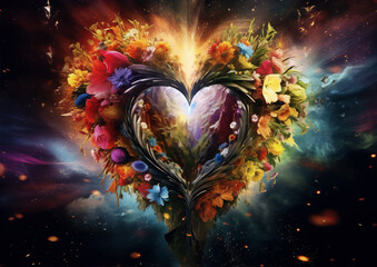 Obraz na płótnie Canvas Heart-shaped floral explosion of color and light.