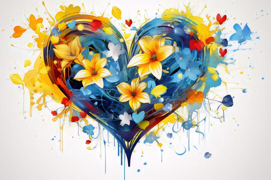 Colorful watercolor painting of a heart made of yellow and blue flowers.