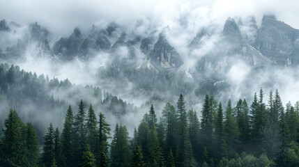 Surreal mountain landscape shrouded in mist with towering pines