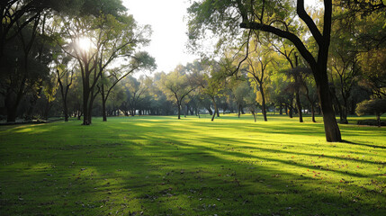 Tranquil park scene with sun rays piercing through trees at sunrise