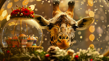A giraffe peeking into a snow globe where a miniature tea party heralds spring under a carnival crown - obrazy, fototapety, plakaty