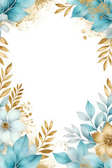Floral watercolor frames in turquoise, blue, gold, beige tones.