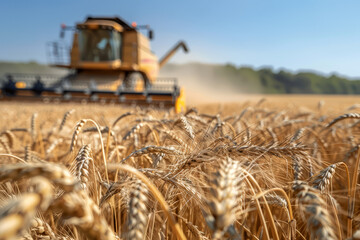 Wheat field and blurred combine harvester in a distance. Harvesting concept - 761423196