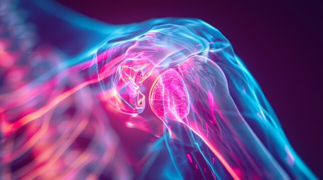 3D hologram of a glowing shoulder joint showcasing anatomy and medical technology - Powered by Adobe