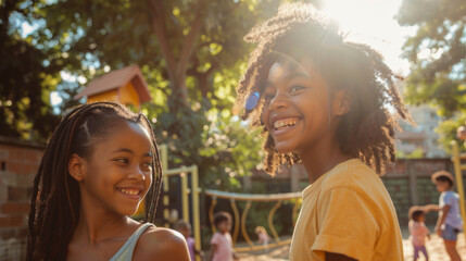 Fototapeta premium Two joyful kids with beautiful smiles playing outdoors, sunlight adding warmth to the scene